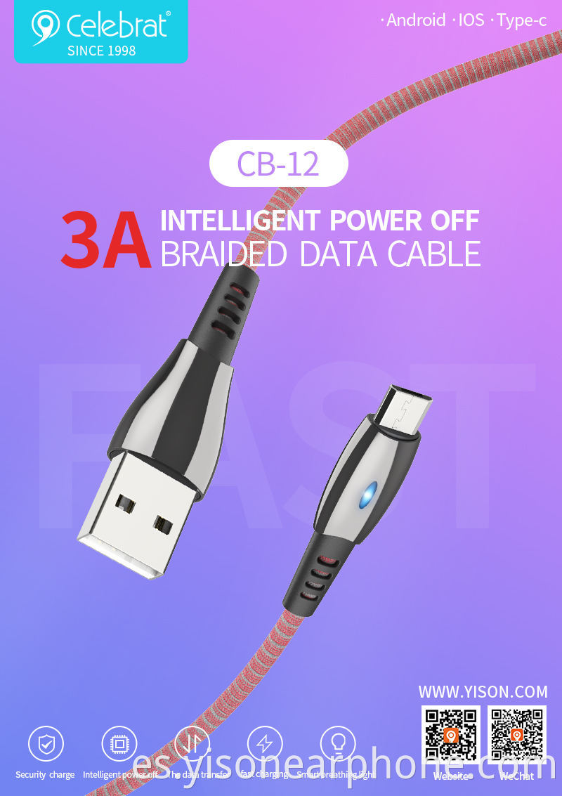 Venta al por mayor de fábrica CB-12T Fabricación de chaqueta de PVC + TPE Cable de carga rápida tipo C USB para Samsung para Huawei